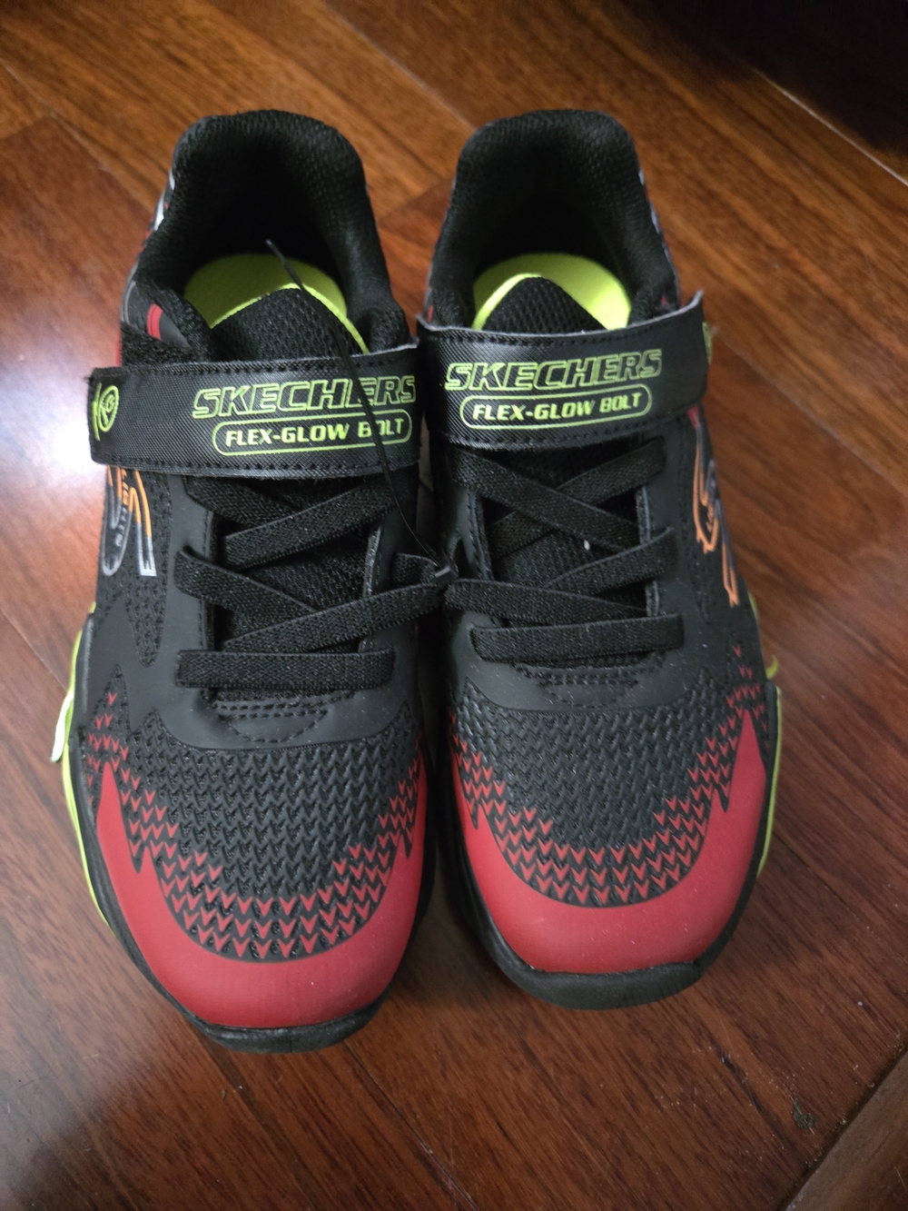 Skechers Kids Flex-Glow Bolt Light-Up Sneakers in Black, Red & Neon Green